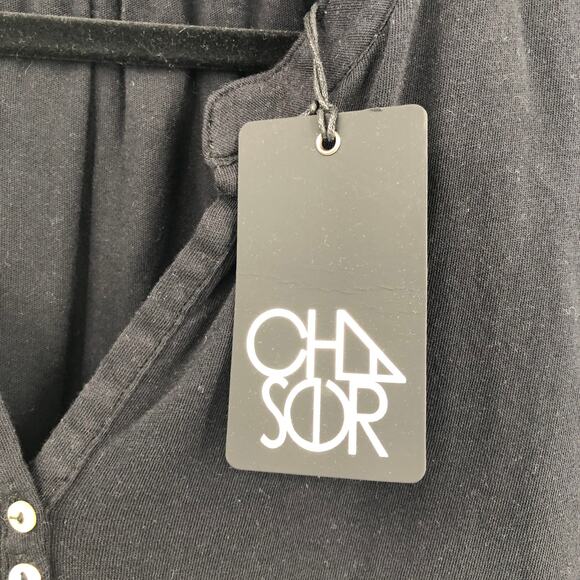 Chaser Black V-Neck Button Detail Pullover Lightweight Long Sleeve Top Shirt - Picture 4 of 8